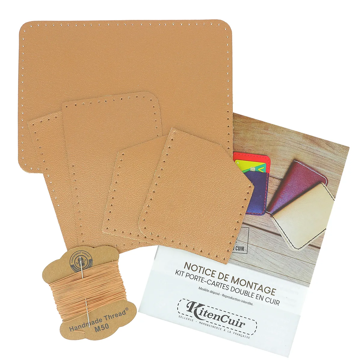 KitenCuir Porte Cartes double Cuivre rosé - Fil Beige - Image 3